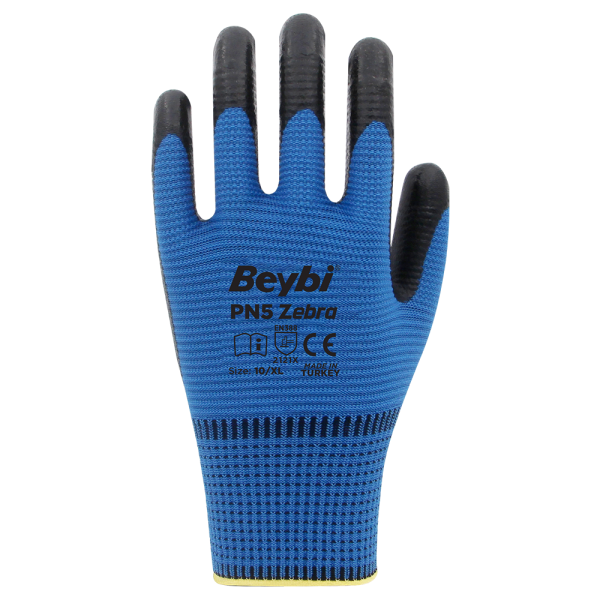 Beybi PN5 Zebra Polyester Örme Nitril Eldiven Mavi No:10