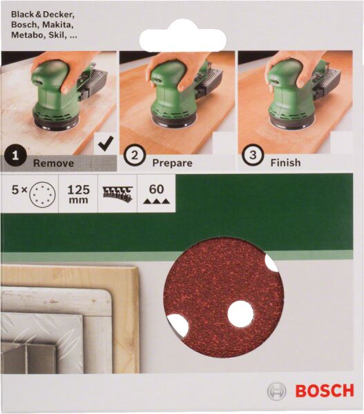 Bosch - Eksantirik Zımpara Kağıdı 5'li, 125 mm 60 Kum 8 Delik