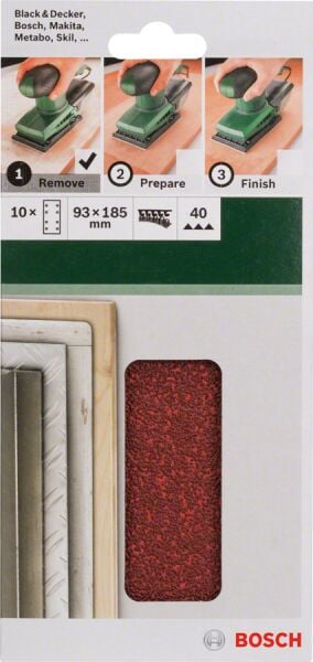 Bosch - Titreşimli Zımpara Kağıdı 10'lu, 93 x 185 mm 40 Kum 8 Delik