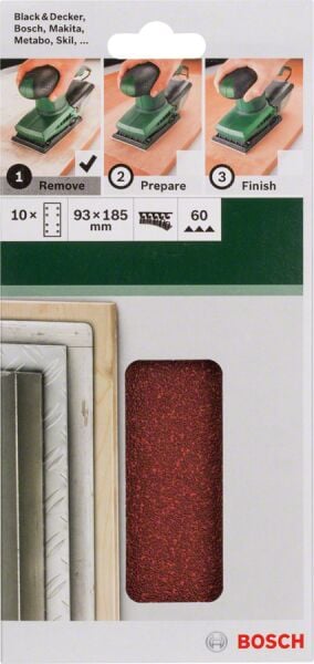 Bosch - Titreşimli Zımpara Kağıdı 10'lu, 93 x 185 mm 60 Kum 8 Delik