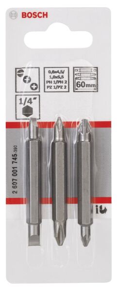 Bosch - Çift Taraflı Vidalama ucu PH1/PZ1/S0*60 mm 3'lü