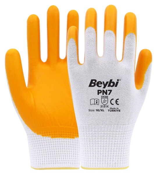 Beybi PN7 Polyester Örme Nitril Eldiven Beyaz-Sarı No:09
