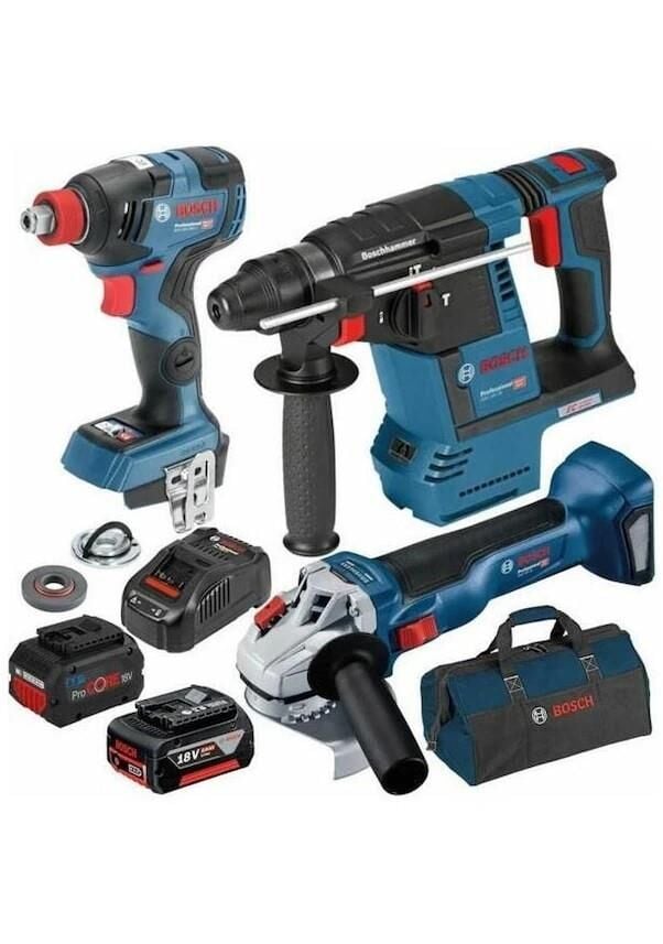 Bosch Professional Seti: GBH 18V-26 Akülü Kırıcı Delici - GDX 18V-200 Akülü Darbeli Somun Sıkma - GWS 18V-10 - Akülü Avuç Taşlama