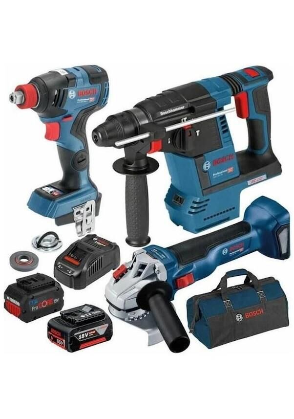 Bosch Professional Seti: GBH 18V-26 Akülü Kırıcı Delici - GDX 18V-200 Akülü Darbeli Somun Sıkma - GWS 18V-10 - Akülü Avuç Taşlama