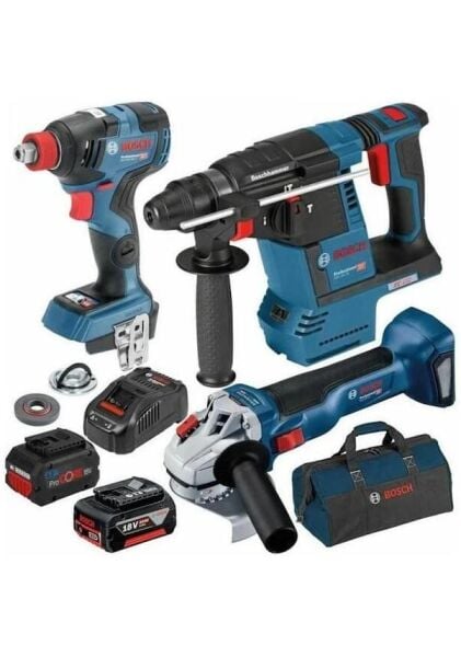 Bosch Professional Seti: GBH 18V-26 Akülü Kırıcı Delici - GDX 18V-200 Akülü Darbeli Somun Sıkma - GWS 18V-10 - Akülü Avuç Taşlama
